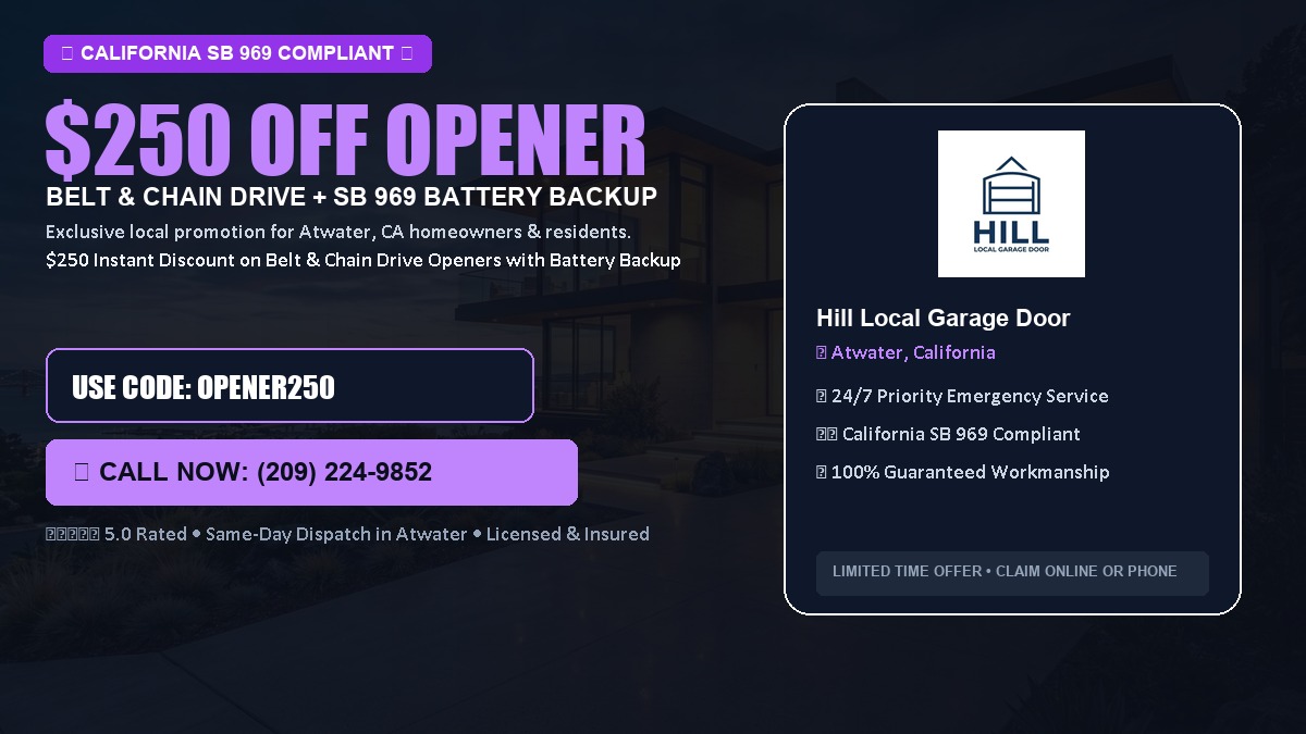 $250 OFF Smart Garage Door Opener Installation (Belt & Chain Drive with California SB 969 Battery Backup) in Atwater, CA